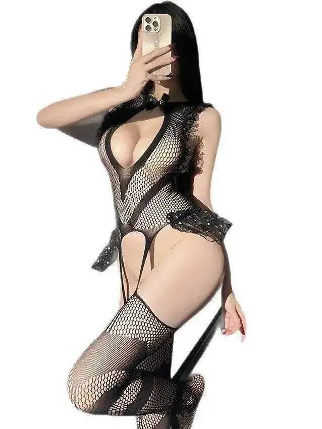 Bodystocking Fishnet - Seksi Dantel Trim Balık Ağı Bodystocking