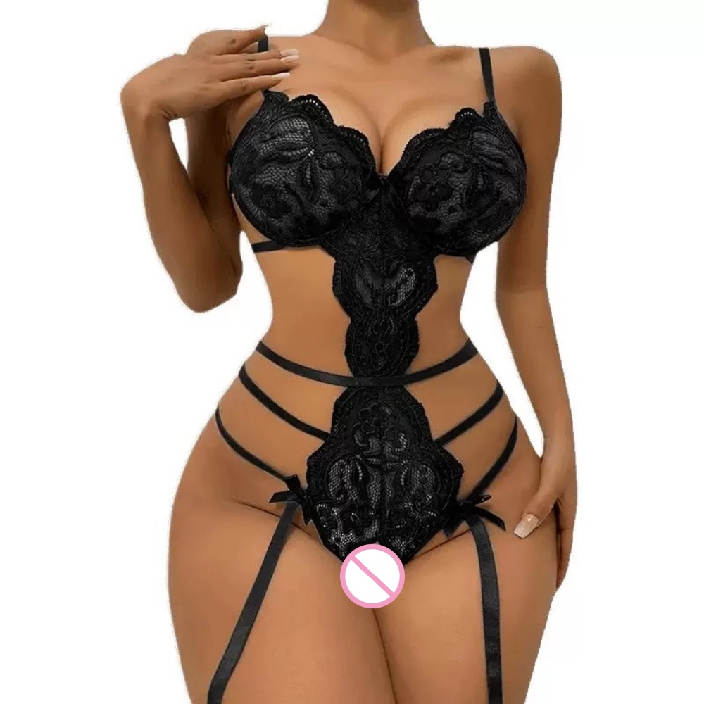 Lace Teddy Lingerie - Seksi Dantelli Açık Kasıklı Jartiyer Askılı