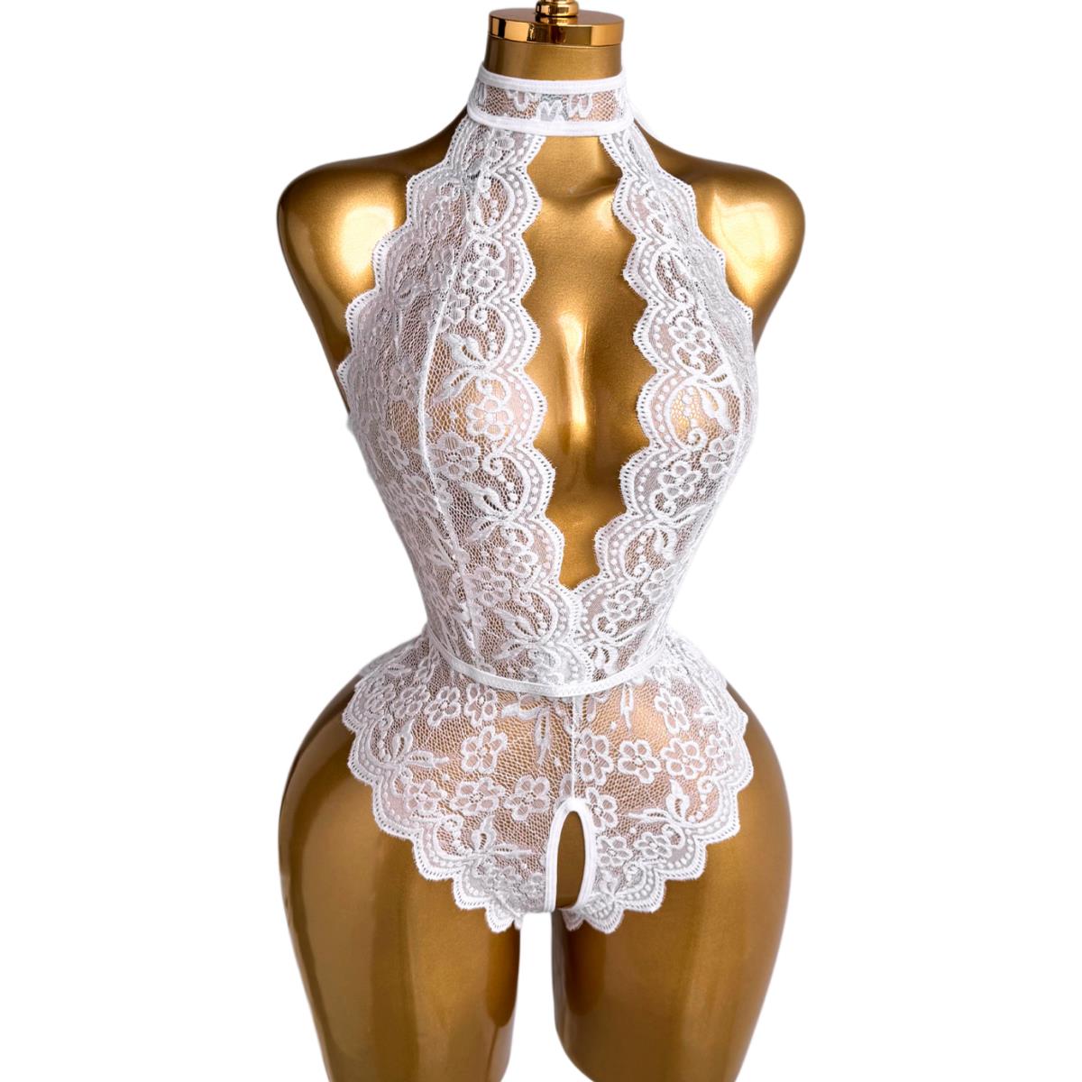 Lace Teddy Lingerie - Beyaz Halter Yaka Çiçekli Dantel Teddies