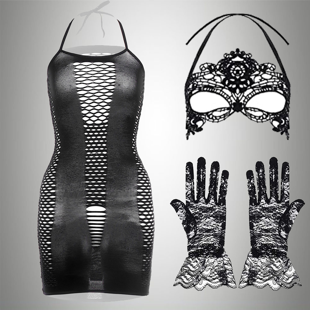 Bodystocking Fishnet - 3 IN 1 takım egzotik elbise