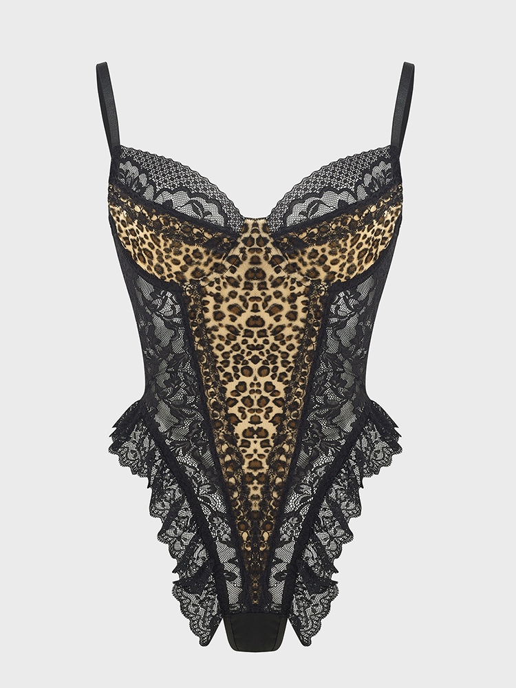 Shapewear Bodysuit Firm - Seksi Dantel Leopar Desen Bodysuits Vintage