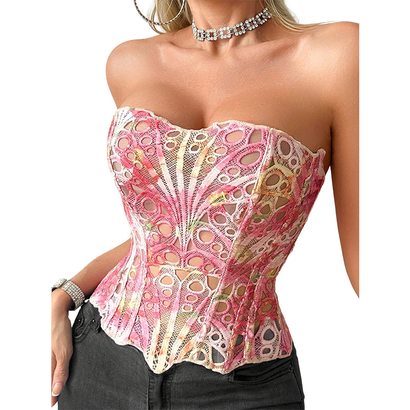 Cami Top Lace - Seksi Kemik Desenli Korse Şeffaf File