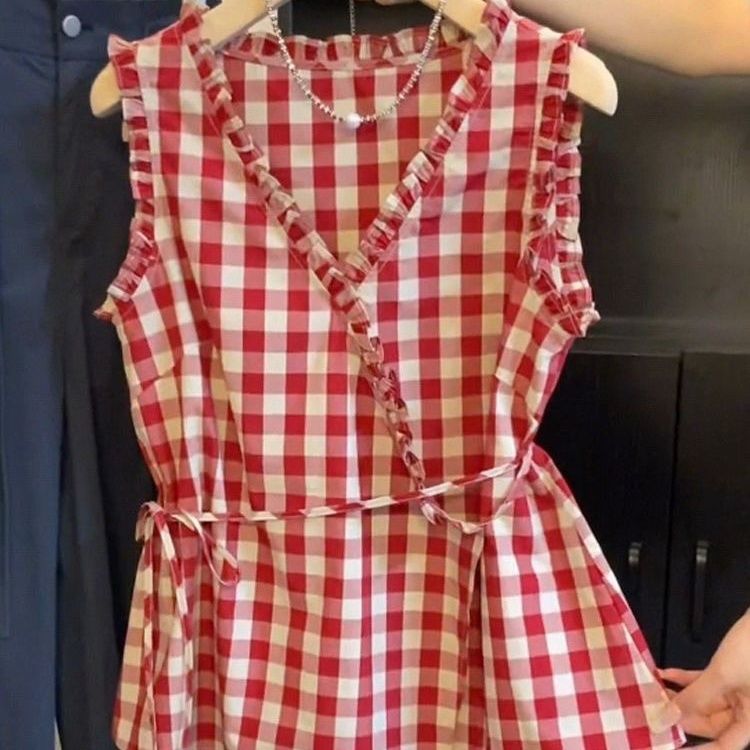 Corset Waist Cinch - Retro Kırmızı Ekose Kolsuz Yelek kadın