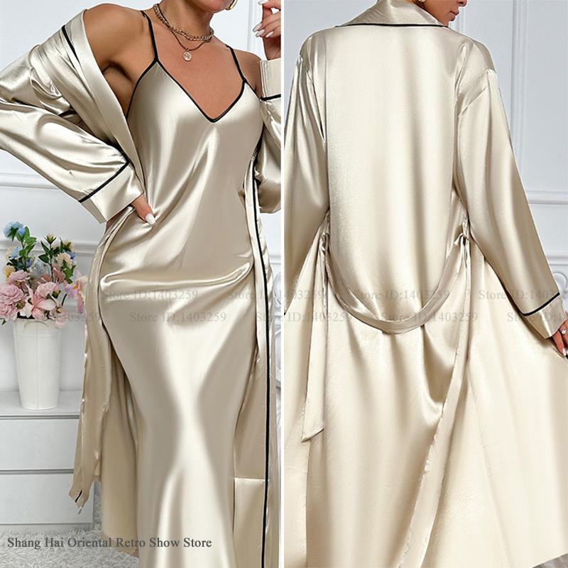 Robe Silk Women - Seksi Uzun Twinset Elbise Seti Chemise