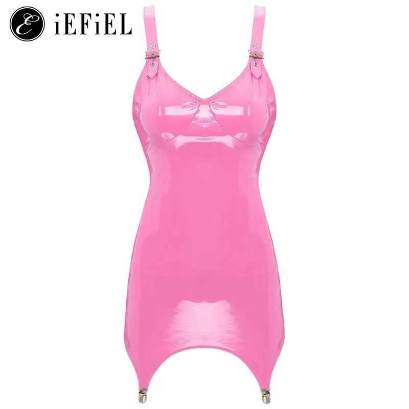 Babydoll Chemise Night - Bayan Parlak Metalik PVC Deri V