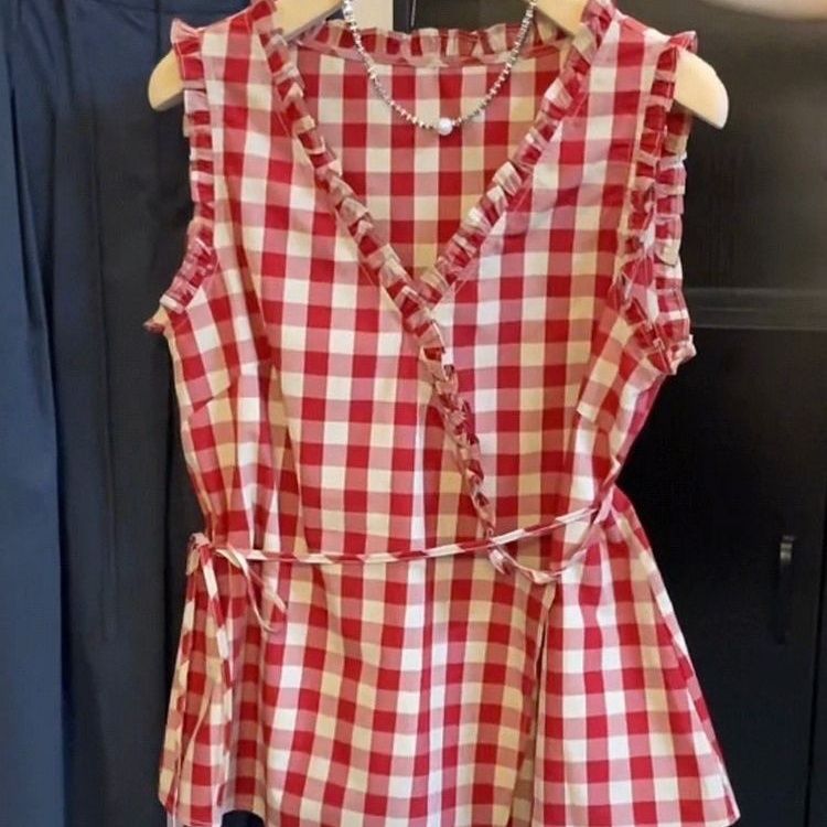 Retro Kırmızı Ekose Kolsuz Yel - Corset Waist Cinch incelemesi ve fiyatı